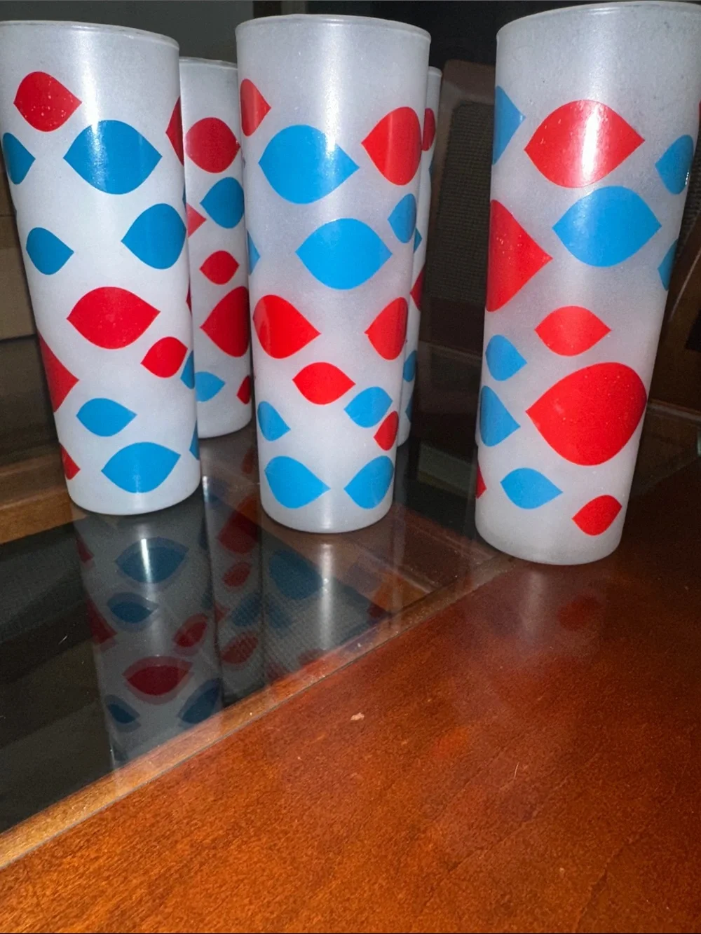 Retro Frosted Highball Glasses with Red & Blue Dot Pattern - Set of 6 - Picture 3 of 7